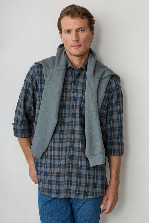 Mid-Navy Long Sleeve Regular Fit Plaid Cotton Shirt