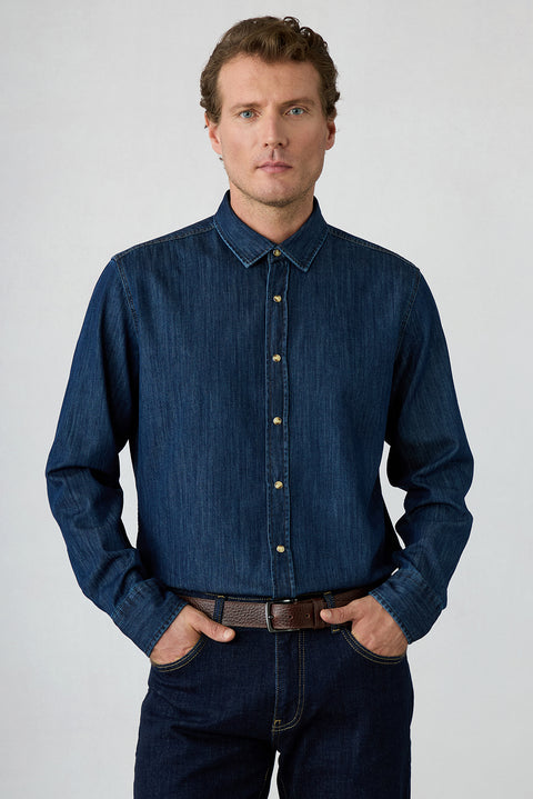Koyu Lacivert Uzun Kol Regular Fit Denim Gömlek