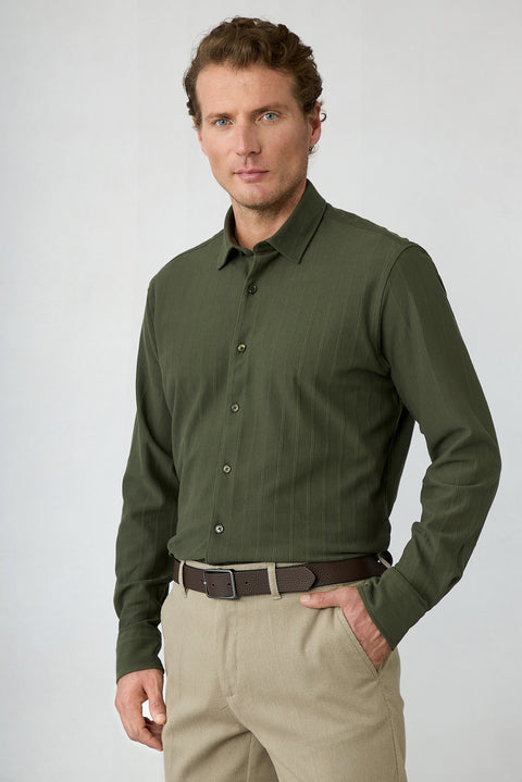 Dark Khaki Long Sleeve Regular Fit Striped Cotton Shirt