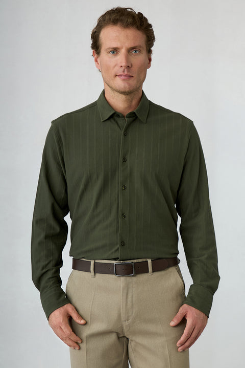 Dark Khaki Long Sleeve Regular Fit Striped Cotton Shirt