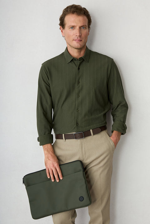 Dark Khaki Long Sleeve Regular Fit Striped Cotton Shirt