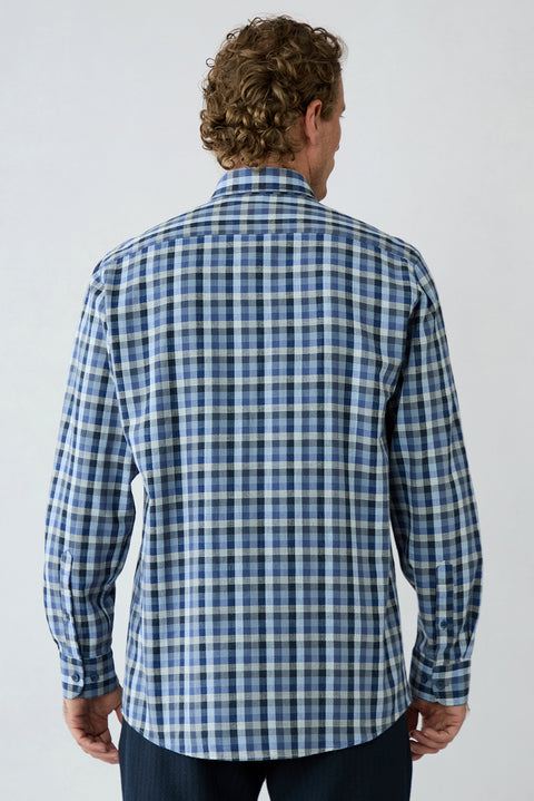 Mid-Navy Long Sleeve Regular Fit Plaid Cotton Shirt