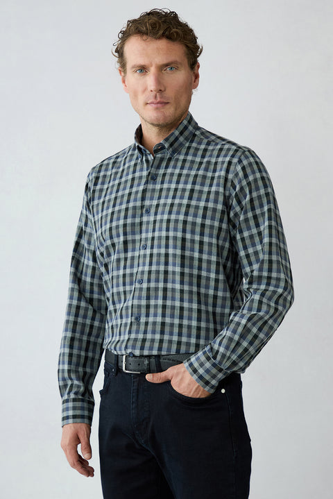Khaki Long Sleeve Regular Fit Plaid Cotton Shirt