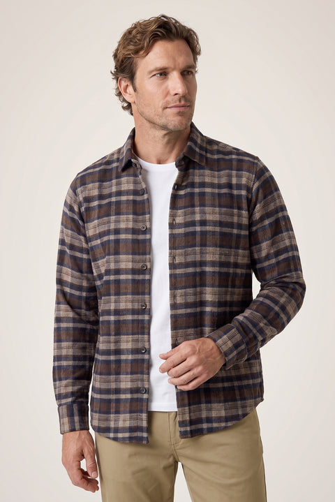 Dark Brown Regular Fit Flannel Plaid Long Shirt