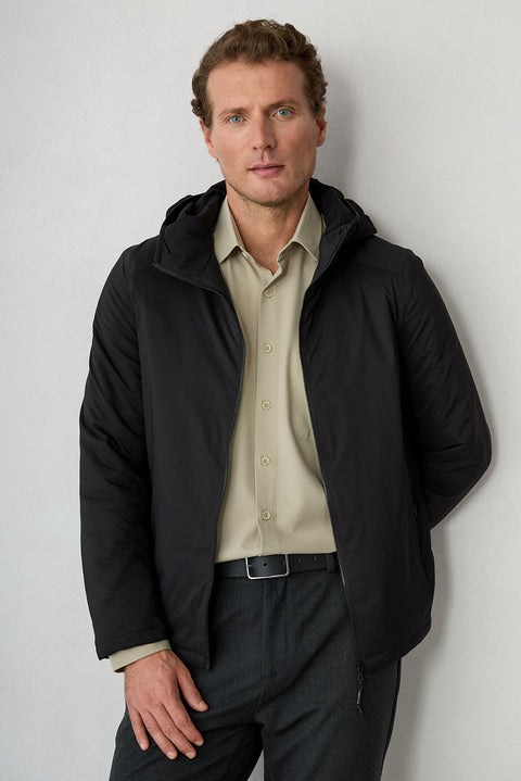 Black Regular Fit Plain Hooded Coat
