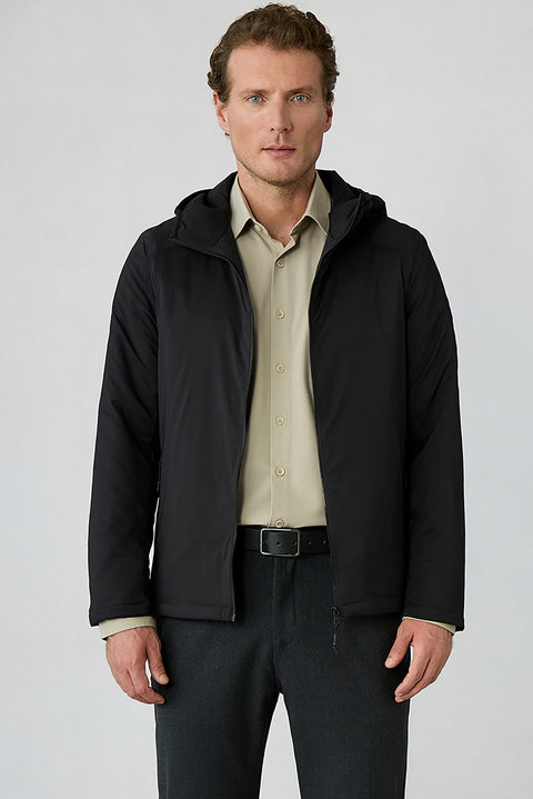 Black Regular Fit Plain Hooded Coat