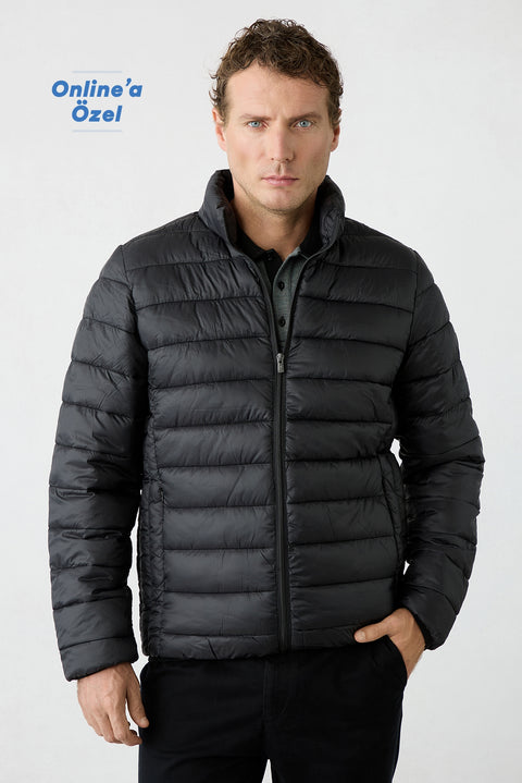 Black Regular Fit Stand-Up Collar Plain Quilted Casual Jacket