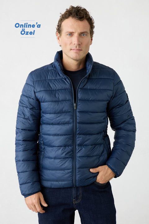 Dark Navy Regular Fit Stand-Up Collar Plain Quilted Casual Jacket