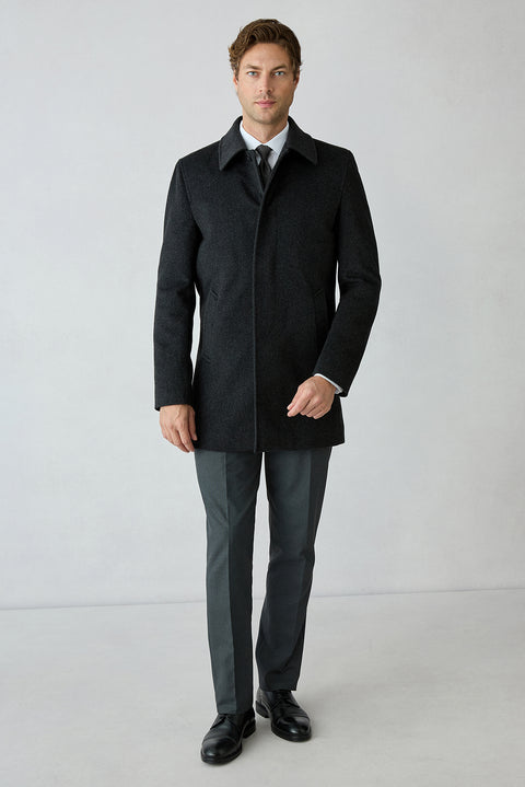 Medium Gray Regular Fit Shirt Collar Plain Cashmere & Wool Blend Overcoat
