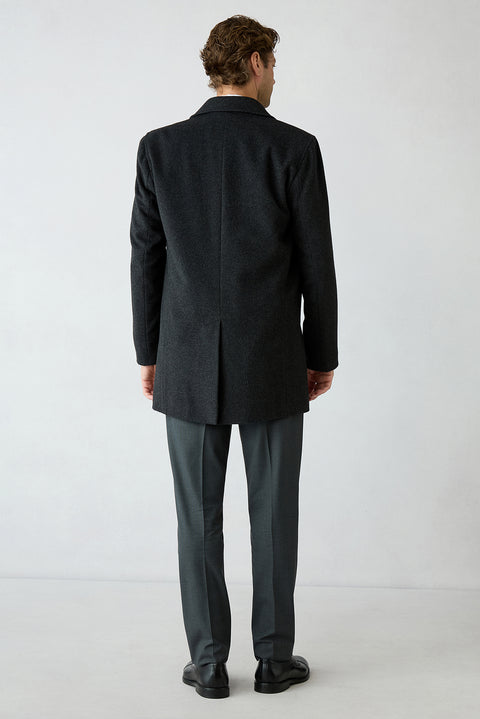Medium Gray Regular Fit Shirt Collar Plain Cashmere & Wool Blend Overcoat