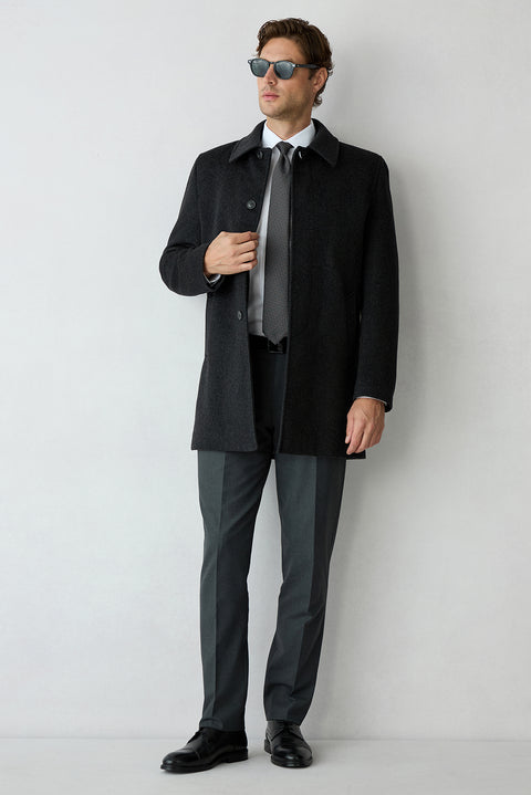 Medium Gray Regular Fit Shirt Collar Plain Cashmere & Wool Blend Overcoat