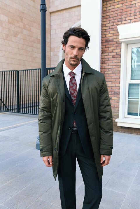 Medium Khaki Regular Fit Plain Bonded Overcoat