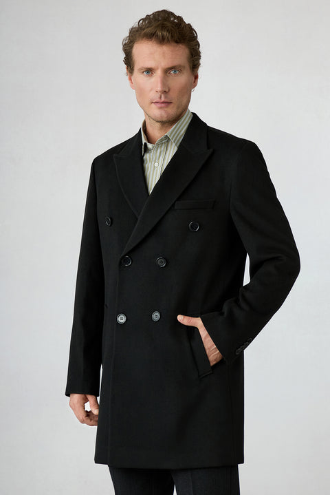 Black 6 Drop Regular Fit Double-Breasted Notch Lapel Plain Coat