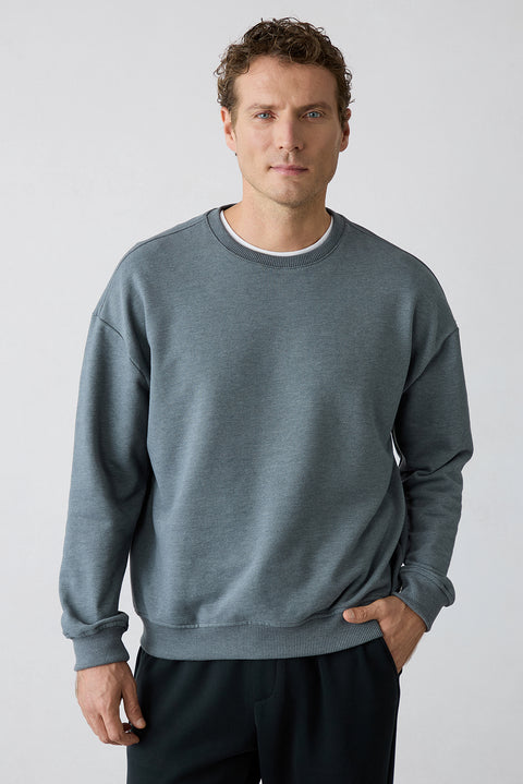Orta Antrasit Bisiklet Yaka Regular Fit Oversize Pamuklu Basic Sweatshirt