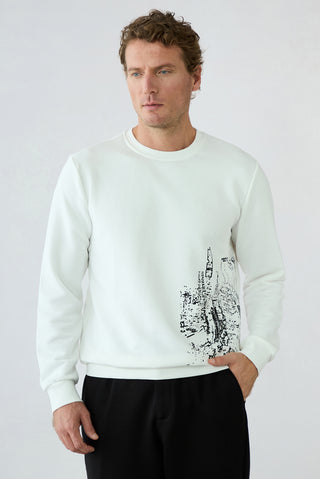 Ekru Regular Fit Bisiklet Yaka Baskılı Pamuklu Sweatshirt
