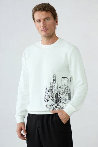 Ekru Regular Fit Bisiklet Yaka Baskılı Pamuklu Sweatshirt