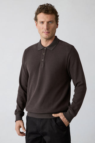 Koyu Kahve Regular Fit Pamuklu Polo Yaka Sweatshirt