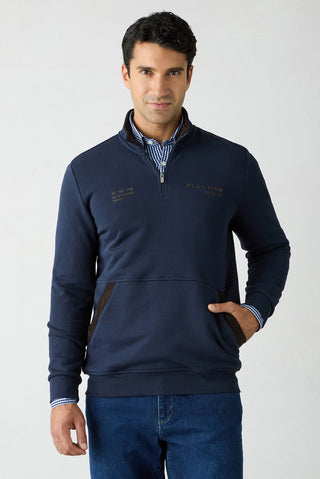 Koyu Lacivert Regular Fit Fermuarlı Bato Yaka Pamuk Sweatshirt