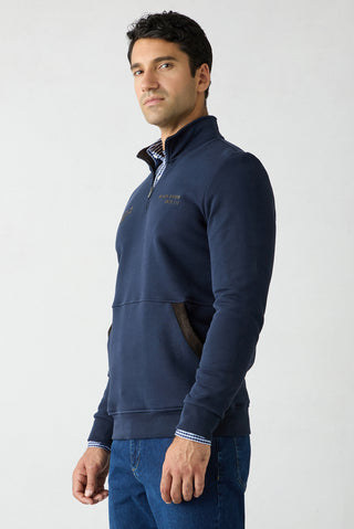 Koyu Lacivert Regular Fit Fermuarlı Bato Yaka Pamuk Sweatshirt