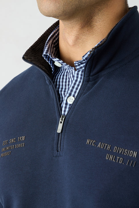 Koyu Lacivert Yarım Balıkçı Yaka Regular Fit Fermuarlı Baskılı Cepli %100 Pamuk Sweatshirt