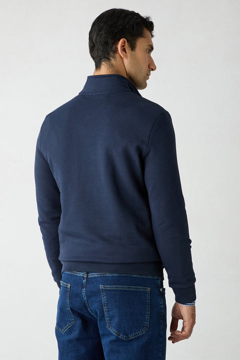 Koyu Lacivert Yarım Balıkçı Yaka Regular Fit Fermuarlı Baskılı Cepli %100 Pamuk Sweatshirt