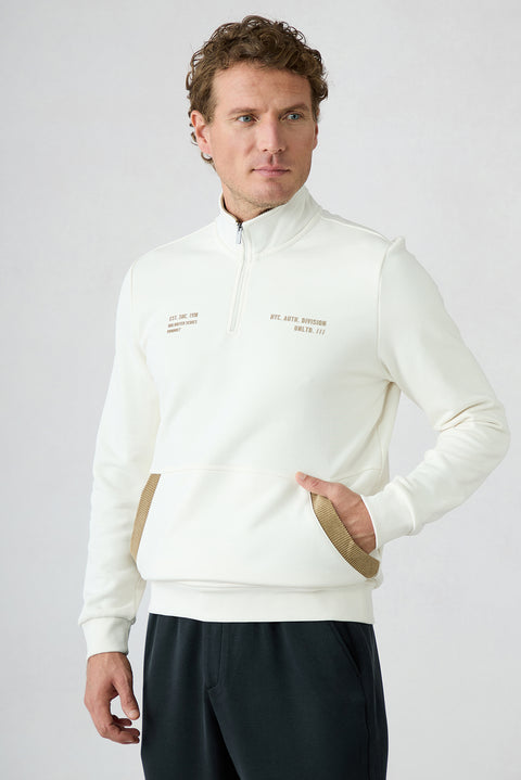 White Regular Fit Zippered Boat Neck Cotton Sweatshirt