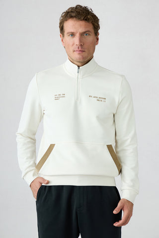 Beyaz Yarım Balıkçı Yaka Regular Fit Fermuarlı Baskılı Cepli %100 Pamuk Sweatshirt