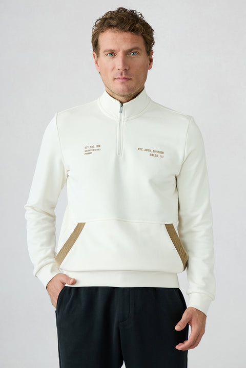 White Regular Fit Zippered Boat Neck Cotton Sweatshirt