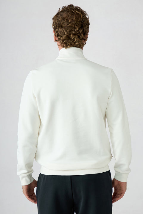 White Regular Fit Zippered Boat Neck Cotton Sweatshirt