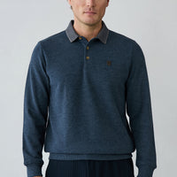 Mid Navy Mélange Polo Neck Regular Fit Cotton Sweatshirt