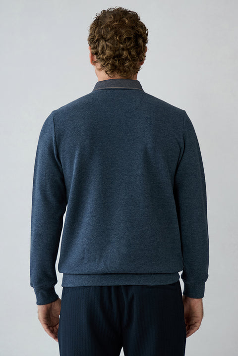 Mid Navy Mélange Polo Neck Regular Fit Cotton Sweatshirt