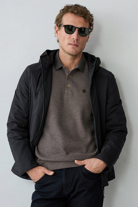Light Brown Melange Polo Neck Regular Fit Cotton Sweatshirt