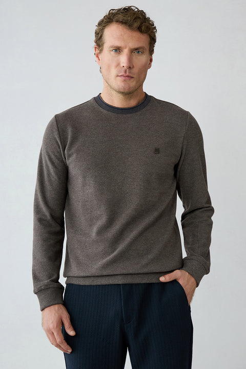 Light Brown Mélange Crew Neck Regular Fit Cotton Sweatshirt