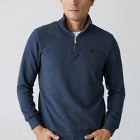 Orta Lacivert Melanj Yarım Balıkçı Yaka Regular Fit Fermuarlı Fırçalı Selanik Sweatshirt