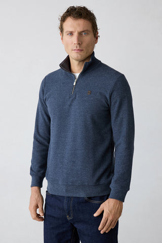 Orta Lacivert Melanj Yarım Balıkçı Yaka Regular Fit Fermuarlı Fırçalı Selanik Sweatshirt