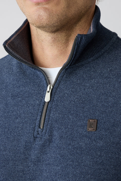 Orta Lacivert Melanj Yarım Balıkçı Yaka Regular Fit Fermuarlı Fırçalı Selanik Sweatshirt