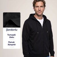 Black Hooded Zipper Regular Fit Sweatshirt