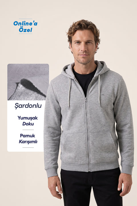 Orta Gri Melanj Kapüşonlu Fermuarlı Cepli Regular Fit Üç İplik Şardonlu Sıcak Tutan Pamuklu Basic Sweatshirt Hırka