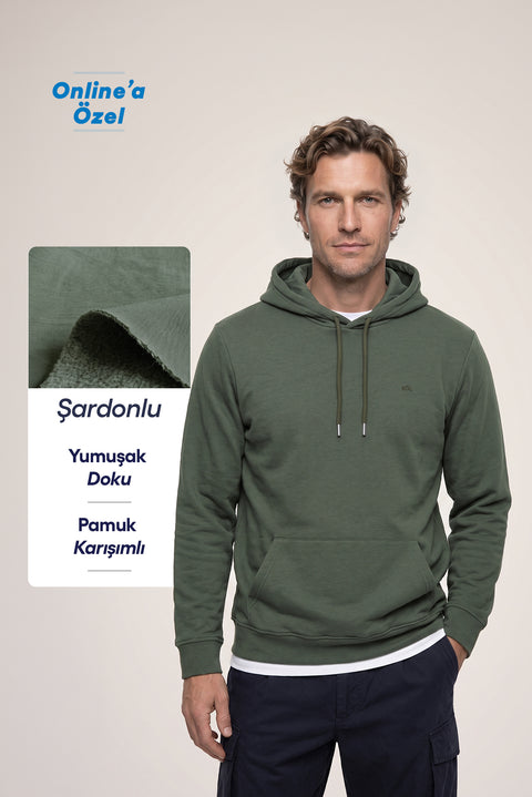 Medium Khaki Hooded Regular Fit Cotton Sweatshirt