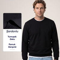 Siyah Bisiklet Yaka Regular Fit Pamuklu Üç İplik Şardonlu Sıcak Tutan Basic Sweatshirt
