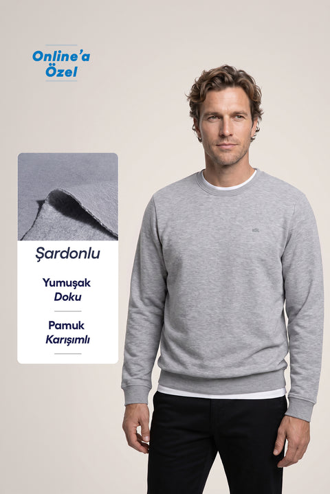 Orta Gri Melanj Bisiklet Yaka Regular Fit Pamuklu Üç İplik Şardonlu Sıcak Tutan Basic Sweatshirt