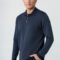 Koyu Lacivert Polo Yaka Regular Fit Ekose Merserize Pamuk Ribana Detaylı Sweatshirt