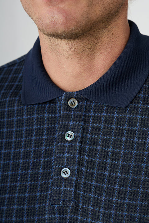 Koyu Lacivert Polo Yaka Regular Fit Ekose Merserize Pamuk Ribana Detaylı Sweatshirt