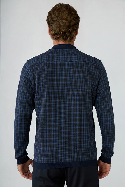 Koyu Lacivert Polo Yaka Regular Fit Ekose Merserize Pamuk Ribana Detaylı Sweatshirt