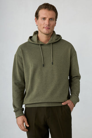 Orta Haki Melanj Oversize Düz Kapüşonlu Pamuklu Sweatshirt