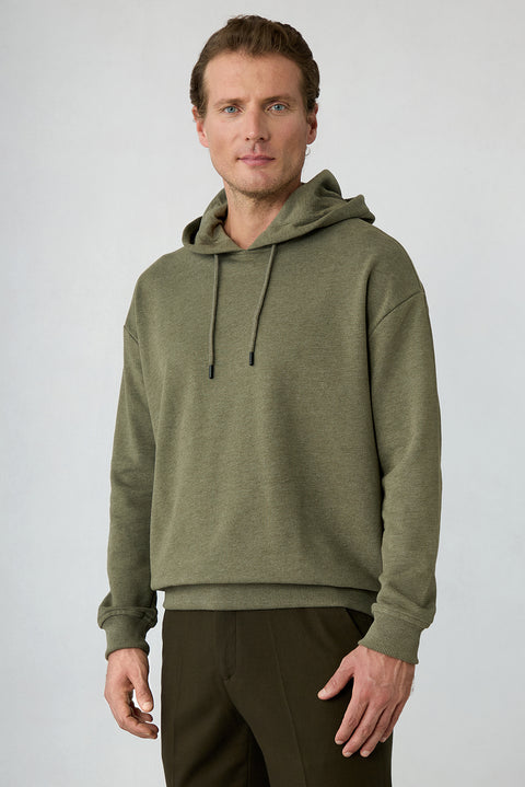 Orta Haki Melanj Kapüşonlu Regular Fit Pamuklu Sweatshirt