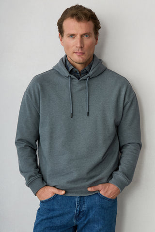 Orta Antrasit Oversize Düz Kapüşonlu Pamuklu Sweatshirt