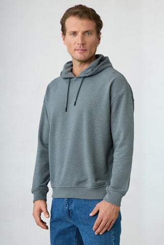 Orta Antrasit Oversize Düz Kapüşonlu Pamuklu Sweatshirt