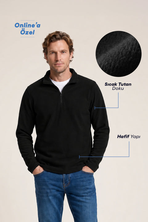 Siyah Fermuarlı Bato Yaka Regular Fit Polar Sweatshirt
