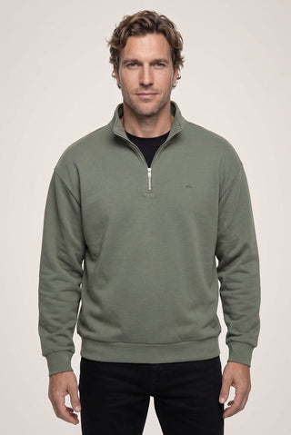 Orta Haki Fermuarlı Yarım Balıkçı Yaka Regular Fit Pamuklu Basic Sweatshirt